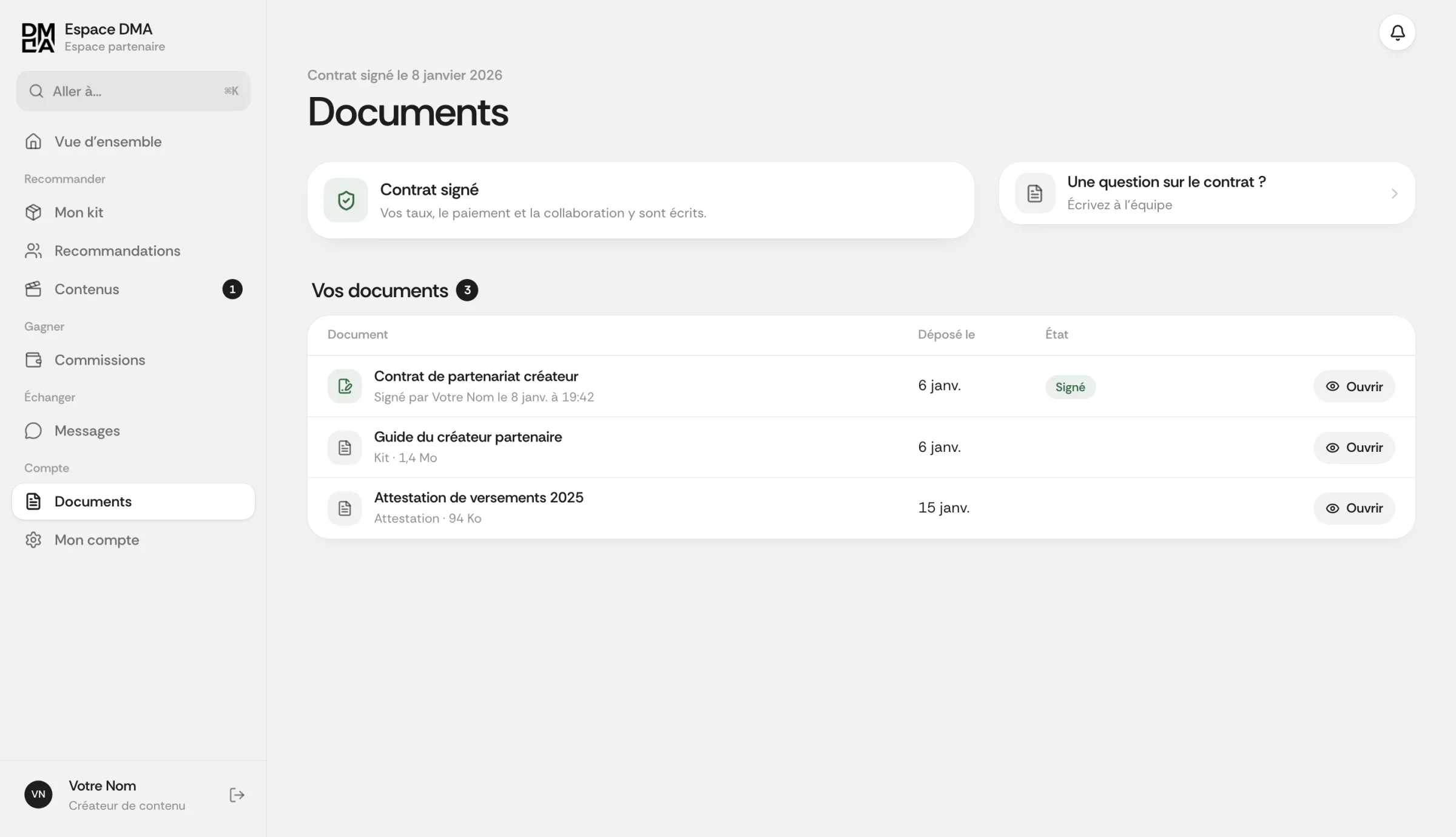 Écran Documents de l'espace partenaire DMA Digital sur ordinateur, données d'exemple