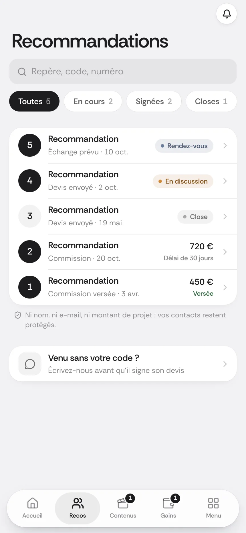 Écran Recommandations de l'espace partenaire DMA Digital sur téléphone, données d'exemple