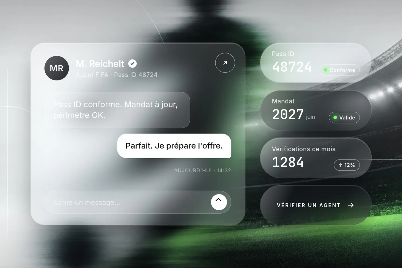 Messagerie Footpass en verre dépoli sur fond de stade : Pass ID conforme et mandat valide