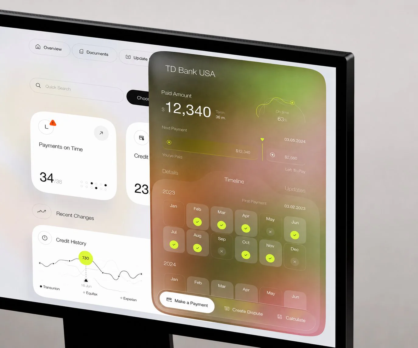 Payments and credit history dashboard shown on a computer screen