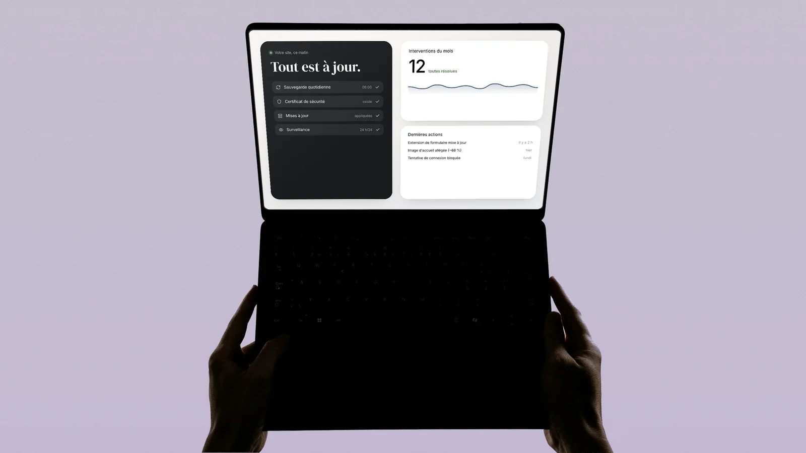 Tableau de maintenance d'un site sur un ordinateur portable : sauvegardes, certificat et mises à jour
