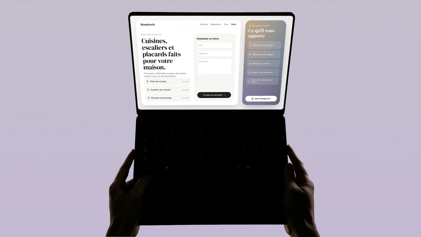 Page d'accueil du site d'un artisan fictif sur un ordinateur portable : une page par service, la zone d'intervention et un formulaire de devis, à côté de ce qu'un site apporte