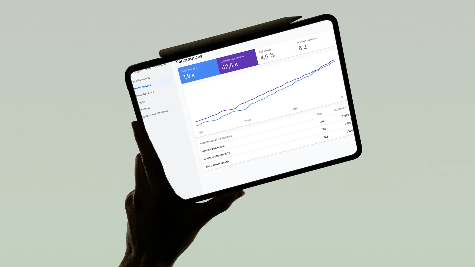 Rapport Performances de la Search Console sur une tablette : courbes de clics et d'impressions
