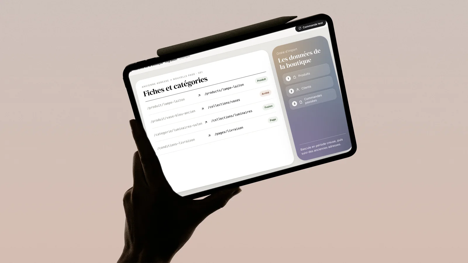 Plan de migration d'une boutique en ligne sur une tablette : anciennes fiches produits redirigées et ordre d'import des produits, clients et commandes