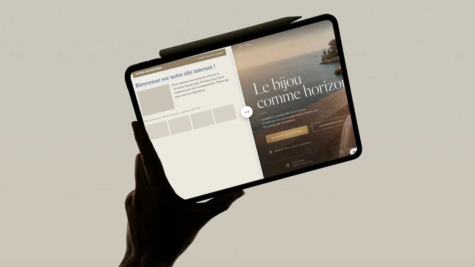 Avant et après une refonte sur une tablette : ancien site gris face au nouveau site de joaillerie